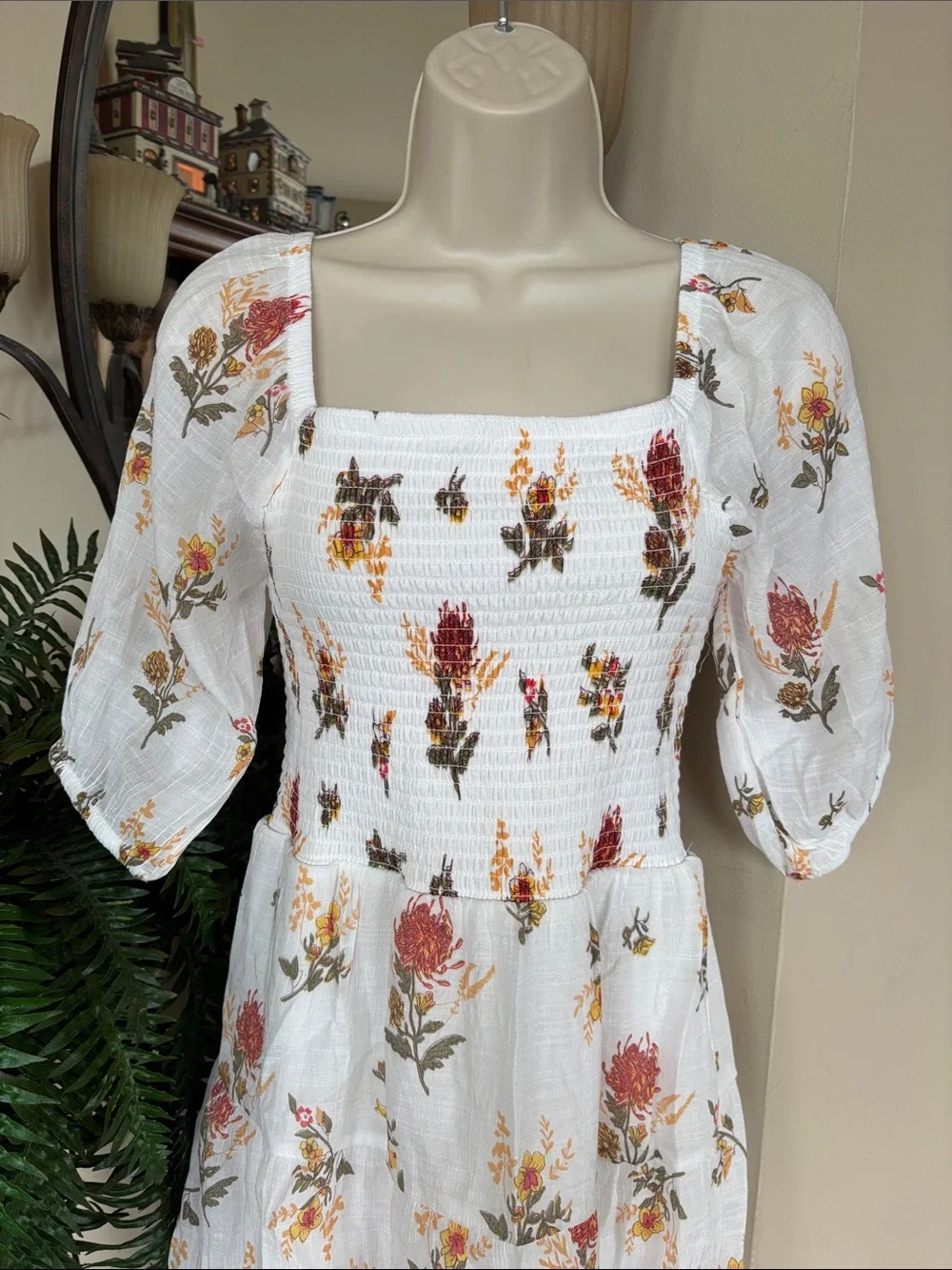 J. Gee White Boho Floral Tiered Maxi Dress Smocked Bodice Ruffle Puff Sleeves - Picture 4 of 15